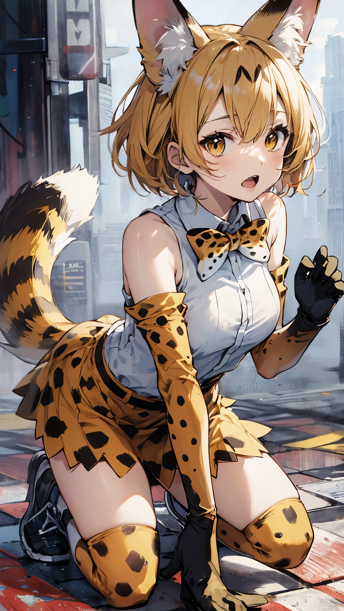 SERVAL, ANIMAL EARS, SHORT HAIR, SERVAL PRINT, TAIL, GLOVES, SHIRT, BOW, BOWTIE, ELBOW GLOVES, PRINT BOW, PRINT BOWTIE, SLEEVELESS, SKIRT, WHITE SHIRT, SLEEVELESS SHIRT, BARE SHOULDERS,slender,squatting,kneeling,smaile,open mouth,