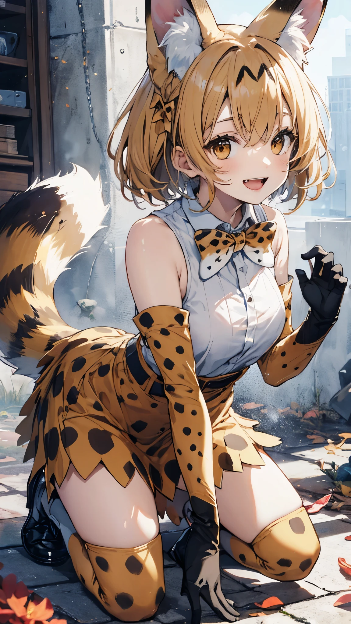 SERVAL, ANIMAL EARS, SHORT HAIR, SERVAL PRINT, TAIL, GLOVES, SHIRT, BOW, BOWTIE, ELBOW GLOVES, PRINT BOW, PRINT BOWTIE, SLEEVELESS, SKIRT, WHITE SHIRT, SLEEVELESS SHIRT, BARE SHOULDERS,slender,squatting,kneeling,smile,open mouth,