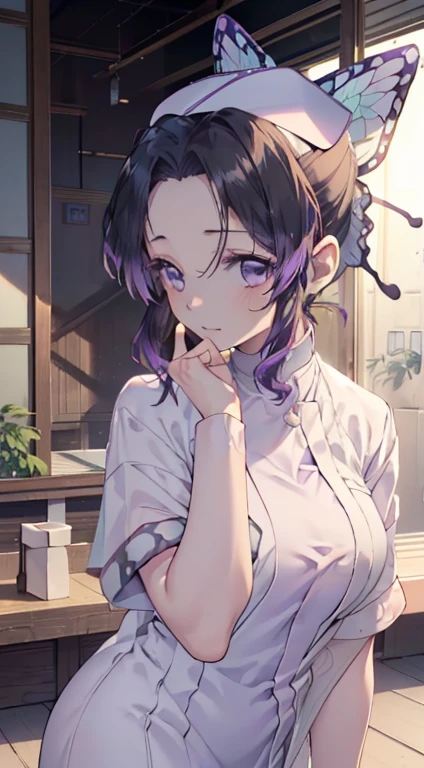 demon slayer,_kochou shinobu,(((((nurse uniform))))), ((((White nurse uniform)))), One-piece, (((((nurse))))), hospital, Ultra-realistic 8K CG,masterpiece,, ((Highly detailed background,Delicate pattern,Intricate details, Fine and beautiful eyes)),The best quality in the best condition,とてもとてもとても詳細なface, Highly detailed eyesとface,Highly detailed eyes,kochou shinobu,Multicolored Hair,No bangs,Hair Intake,, Purple eyes,,butterfly,band,(熱band庭園:1.2),Purple Flower,mostly cloudy null,Tyndall effect,slope_null,face,beautiful null,,Seductive posture,(Medium chest:1.3), woman,15 years old