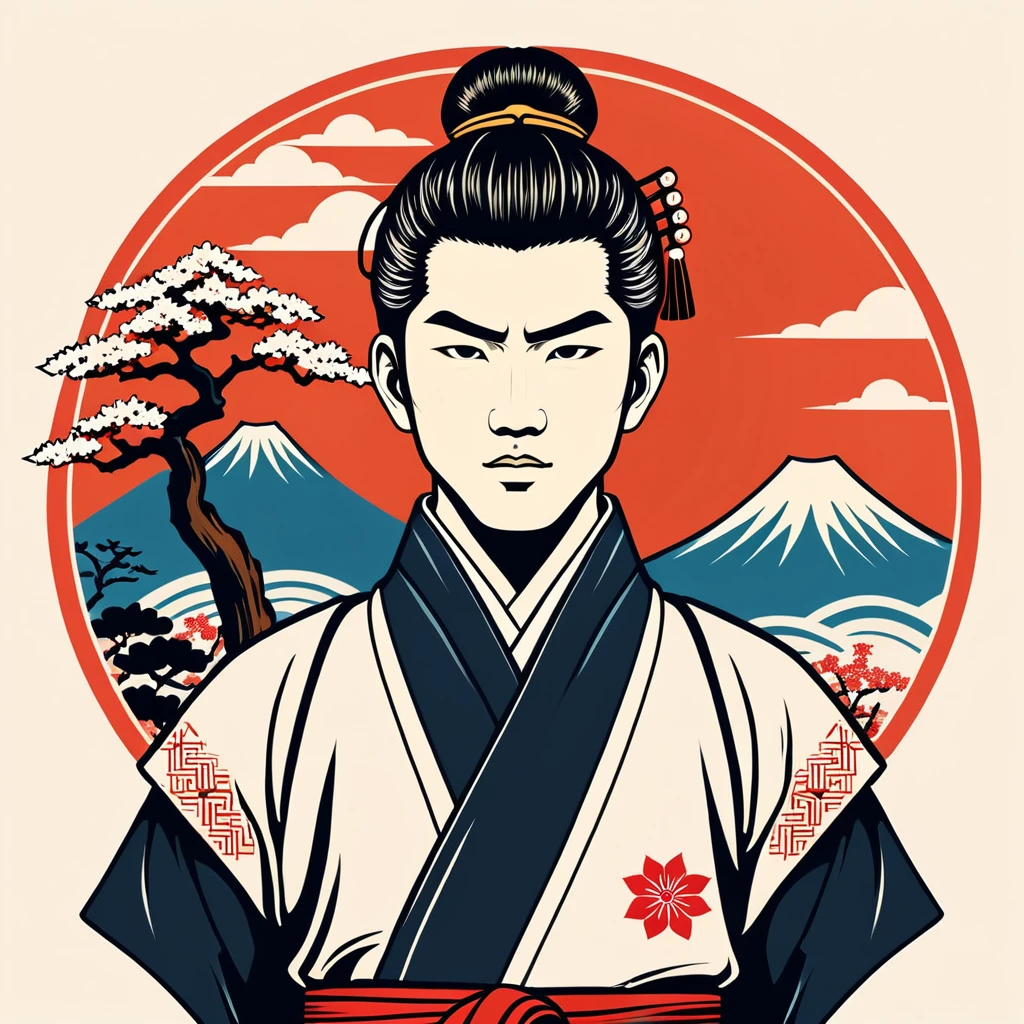 man in japan folk outfit, vector graphics, strong contours, logo design