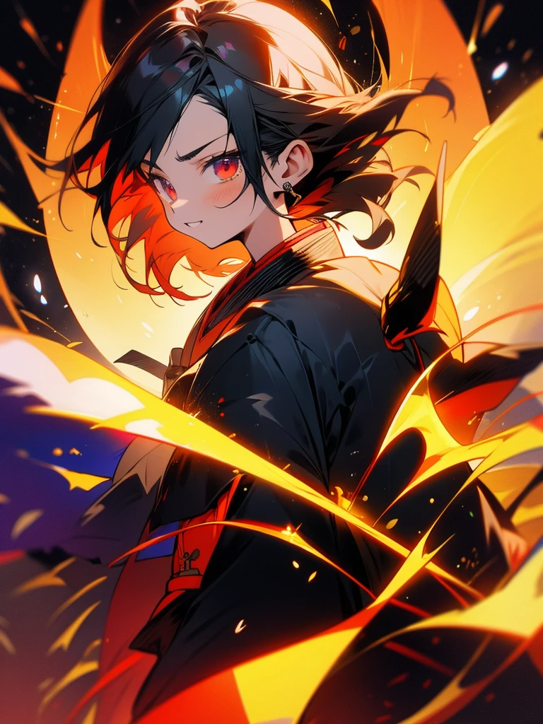 Center Parting、juvenile、Samurai&#39;s Son、High resolution, smile, Face up black hair, Purple Eyes、Round eyebrows、boy
