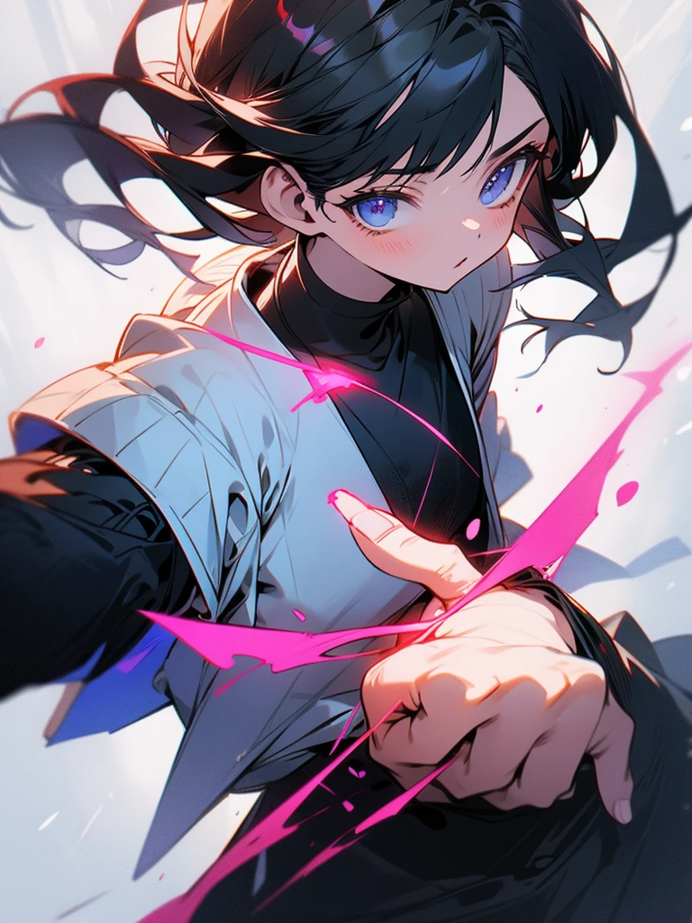 Center Parting、juvenile、Samurai's Son、High resolution, smile, Face up black hair, Purple Eyes、Round eyebrows、boy