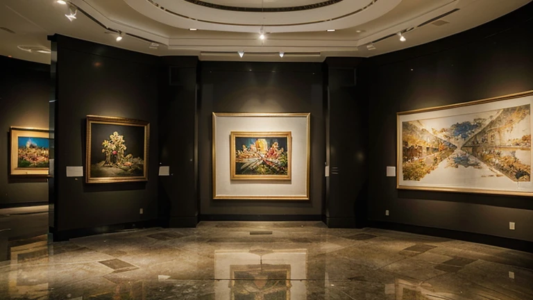 The environment is characterized by an abundance of geometric shapes, mainly rectangles and circles. The predominant color scheme is made up of neutral tones such as white, black and gold, punctuated by vibrant tones from the artworks displayed throughout the museum. There is a high level of contrast between light and shadow, creating depth and dimension within the space. . The general atmosphere is one of tranquility, broken only by the occasional murmur of voices or the soft click of heels against the marble.