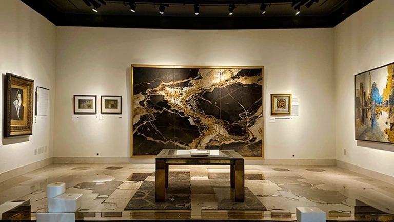 The environment is characterized by an abundance of geometric shapes, mainly rectangles and circles. The predominant color scheme is made up of neutral tones such as white, black and gold, punctuated by vibrant tones from the artworks displayed throughout the museum. There is a high level of contrast between light and shadow, creating depth and dimension within the space. . The general atmosphere is one of tranquility, broken only by the occasional murmur of voices or the soft click of heels against the marble.