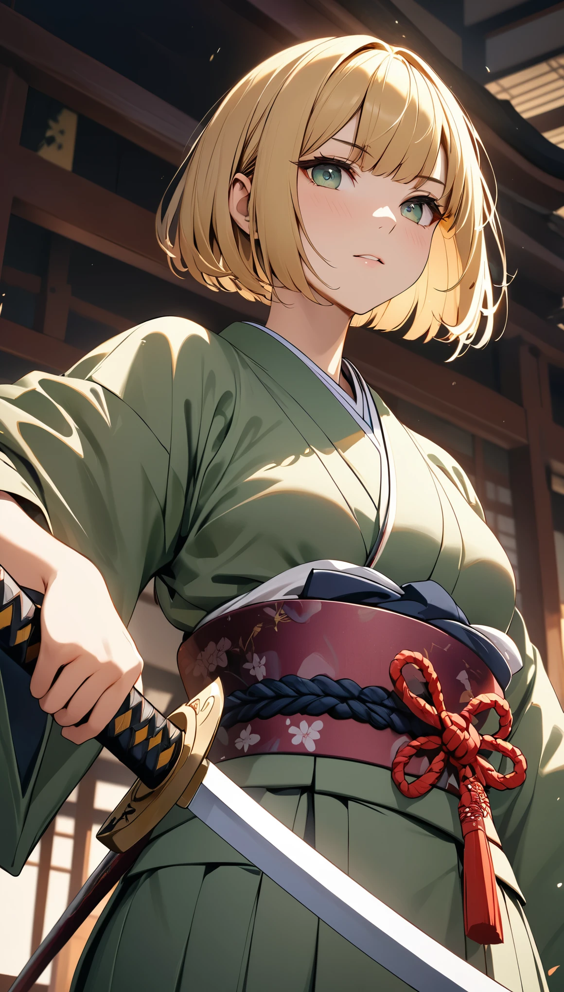 (((Best quality, 8k, Masterpiece: 1.3)), (detailed), perfect face, high resolution, Textured skin, anime style, Girl Samurai, 25 year old girl, blonde hair, bob cut, A Japanese sword in its sheath, Kimono, light green Japanese clothing, from below