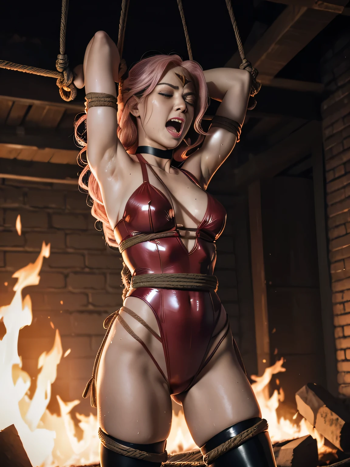 wonderwoman, long long gorgeous light pink hair, ((rough rope wrapped around body, tighten up)), latex, leotard, black and red costume, captured, shibari, static restrained, ((arms behind back)), chained, cuffed, collared, rope bind, tied up, cruelly, painful, helpless, humiliating, roasted with burner, flames intensely, (screaming in pain), falling body, eyes closed, ((being hit by fire , sweaty)), (body twisting ly), choker, in underground cave, bondage