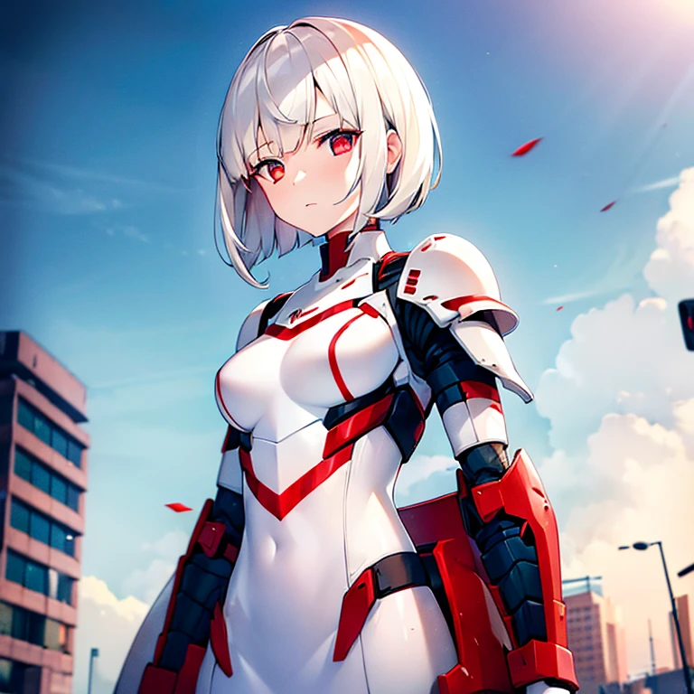 (girl)(white short hair)(red eyes)(Battle Damage Edition)(Injuried)(driving exoskeleton armor)4K