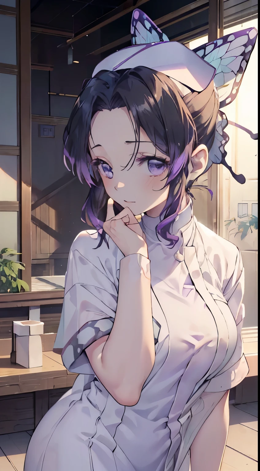 demon slayer,_kochou shinobu,(((((nurse uniform))))), ((((White nurse uniform)))), One-piece, (((((nurse))))), hospital, Ultra-realistic 8K CG，masterpiece,, （（Highly detailed background，Delicate pattern，Intricate details, Fine and beautiful eyes）），The best quality in the best condition，とてもとてもとても詳細なface， Highly detailed eyesとface，Highly detailed eyes，kochou shinobu，Multicolored Hair，No bangs，Hair Intake，, Purple eyes，，butterfly，band，（熱band庭園：1.2），Purple Flower，mostly cloudy null，Tyndall effect，slope_null，face，beautiful null，，Seductive posture，（Medium chest:1.3)， woman,15 years old