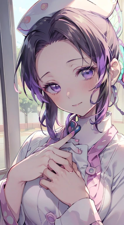 nsfw, demon slayer,_kochou shinobu,(((((nurse uniform))))), ((((White nurse uniform)))), One-piece, (((((nurse))))), hospital, Ultra-realistic 8K CG，masterpiece,, （（Highly detailed background，Delicate pattern，Intricate details, Fine and beautiful eyes）），The best quality in the best condition，とてもとてもとても詳細なface， Highly detailed eyesとface，Highly detailed eyes，kochou shinobu，Multicolored Hair，No bangs，Hair Intake，, Purple eyes，，butterfly，band，（熱band庭園：1.2），Purple Flower，mostly cloudy null，Tyndall effect，slope_null，face，beautiful null，，Seductive posture，（Medium chest:1.3)， woman,15 years old