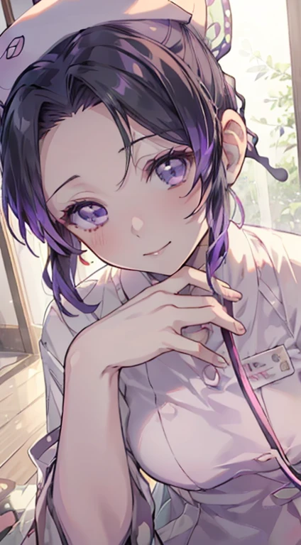 nsfw, demon slayer,_kochou shinobu,(((((nurse uniform))))), ((((White nurse uniform)))), One-piece, (((((nurse))))), hospital, Ultra-realistic 8K CG,masterpiece,, ((Highly detailed background,Delicate pattern,Intricate details, Fine and beautiful eyes)),The best quality in the best condition,とてもとてもとても詳細なface, Highly detailed eyesとface,Highly detailed eyes,kochou shinobu,Multicolored Hair,No bangs,Hair Intake,, Purple eyes,,butterfly,band,(熱band庭園:1.2),Purple Flower,mostly cloudy null,Tyndall effect,slope_null,face,beautiful null,,Seductive posture,(Medium chest:1.3), woman,15 years old
