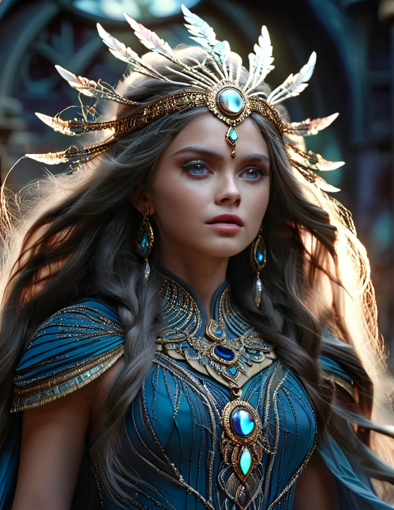 mystical female protagonist, intricate fantasy dress, glowing ethereal aura, detailed ornate headpiece, sweeping dramatic cape, enchanting eyes, porcelain skin, flowing hair, serene expression, dark moody lighting, cinematic dramatic atmosphere, vibrant jewel-toned colors, creative whimsical concept art, (best quality,4k,8k,highres,masterpiece:1.2),ultra-detailed,(realistic,photorealistic,photo-realistic:1.37)