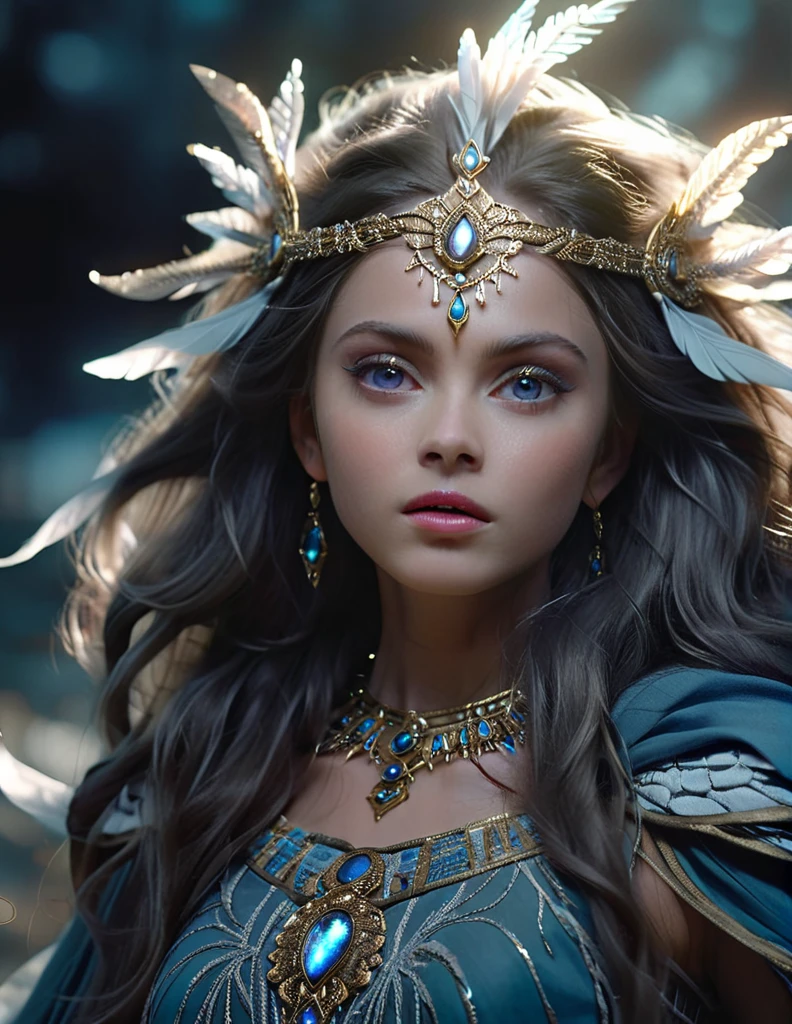 mystical female protagonist, intricate fantasy dress, glowing ethereal aura, detailed ornate headpiece, sweeping dramatic cape, enchanting eyes, porcelain skin, flowing hair, serene expression, dark moody lighting, cinematic dramatic atmosphere, vibrant jewel-toned colors, creative whimsical concept art, (best quality,4k,8k,highres,masterpiece:1.2),ultra-detailed,(realistic,photorealistic,photo-realistic:1.37)