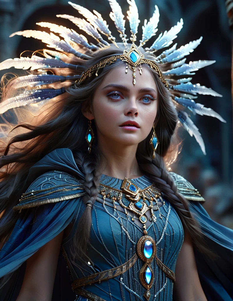 mystical female protagonist, intricate fantasy dress, glowing ethereal aura, detailed ornate headpiece, sweeping dramatic cape, enchanting eyes, porcelain skin, flowing hair, serene expression, dark moody lighting, cinematic dramatic atmosphere, vibrant jewel-toned colors, creative whimsical concept art, (best quality,4k,8k,highres,masterpiece:1.2),ultra-detailed,(realistic,photorealistic,photo-realistic:1.37)