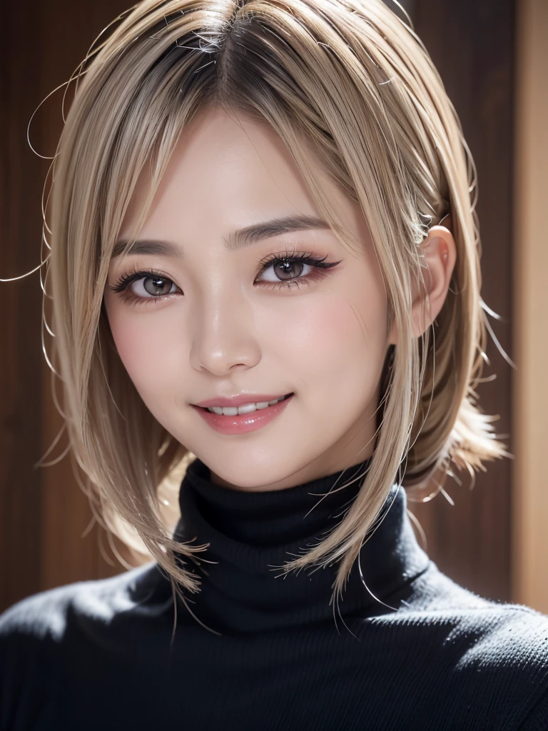 Realistic, masterpiece, Highest quality, Highest Resolution, A portrait of a Japanese woman depicting only the upper body, Happy smile, Slightly to the side, Definitely watching the audience, Beautiful attention to detail, Iris, (Hidden eyelid wrinkles:1.2), Thin eyebrows, Draw eyelashes carefully, Natural Makeup, Mid-length hair, Silver Hair, Detailed face, Thick black turtleneck sweater