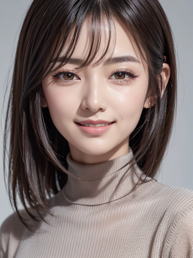 Realistic, masterpiece, Highest quality, Highest Resolution, A portrait of a Japanese woman depicting only the upper body, Happy smile, Slightly to the side, Definitely watching the audience, Beautiful attention to detail, Iris, (Hidden eyelid wrinkles:1.2), Thin eyebrows, Draw eyelashes carefully, Natural Makeup, Mid-length hair, Silver Hair, Detailed face, Thick black turtleneck sweater