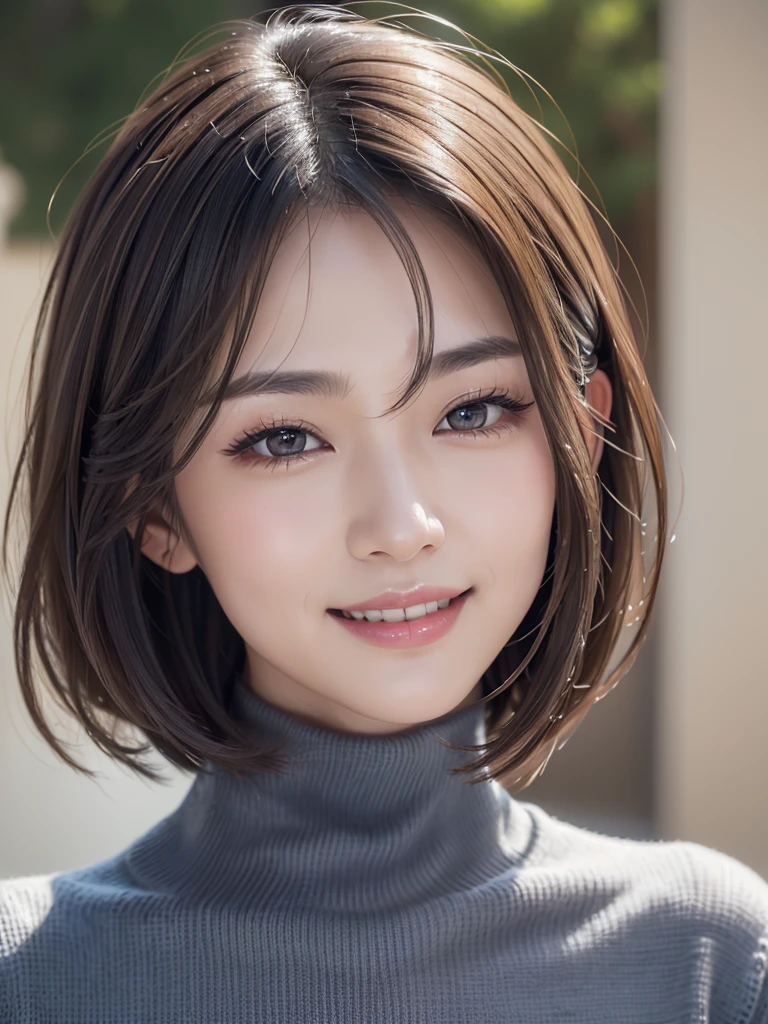 Realistic, masterpiece, Highest quality, Highest Resolution, A portrait of a Japanese woman depicting only the upper body, Happy smile, Slightly to the side, Definitely watching the audience, Beautiful attention to detail, Iris, (Hidden eyelid wrinkles:1.2), Thin eyebrows, Draw eyelashes carefully, Natural Makeup, Mid-length hair, Silver Hair, Detailed face, Thick black turtleneck sweater