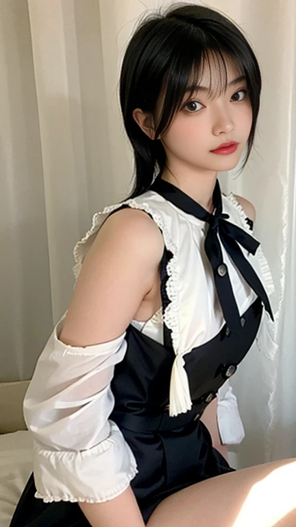 1 girl,alone,chest,Knee socks,chestの谷間,liar,~ ~ side,Looking at the audience,Long Hair,large chest,With my hands on my head,bed,Strap slip,indoor,lips,on bed,Black Hair,dress,Realistic,black dress,black eye,Dutch Angle,Brown Hair,curtain,Window -- Automatic