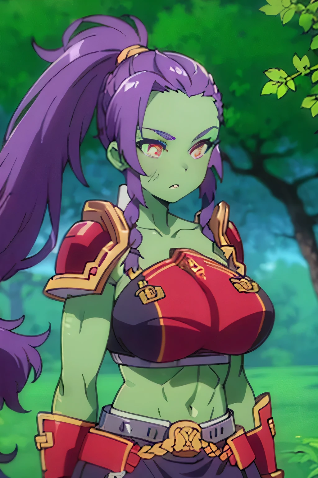 photo of beautiful Orc, RAW, beautiful woman, (portrait), (detailed anime face:1.2), (detailed green skin, dark green makeup, smooth green skin: 1.22), (Long dark braided ponytail: 1.4), (perfect proportioned body, Strong, muscular, narrow waist, narrow hips, skinny, medium breasts), (she wears cropped leather armor, leather skirt), (detailed dark Forest, giant trees), (realistic photo, best quality, detailed), (8k wallpaper), (cinematic lighting, beautiful light, (day:1.3)) (sharp focus, intricate)