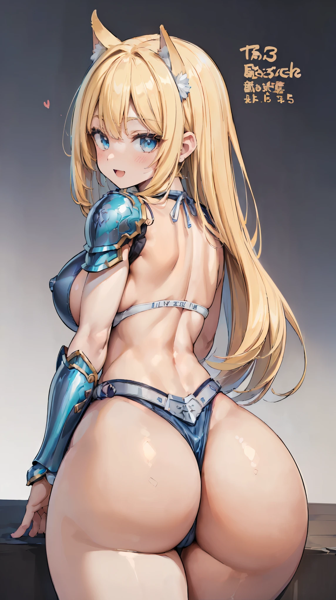 (Very detailed、Highest quality、Best image quality、masterpiece、8k)、(shoulder-length blonde hair:1.5、Medium Long Hair)、(smile、Open Mouth) 、(Hilarious)、(Big eyes)、(Beautiful and shining eyes)、(Detailed anime eyes)、(Puffy eyes)、(Big Breasts:1.8)、((SFW Huge Body:1.5))、(Wearing bikini armor:1.5、High leg T-back:1.5、Arm Armor、Leg armor:1.5、Waist belt:1.5)、(Cowboy Shot)、(Turn around and show your ass:1.5、Rear View:1.5)