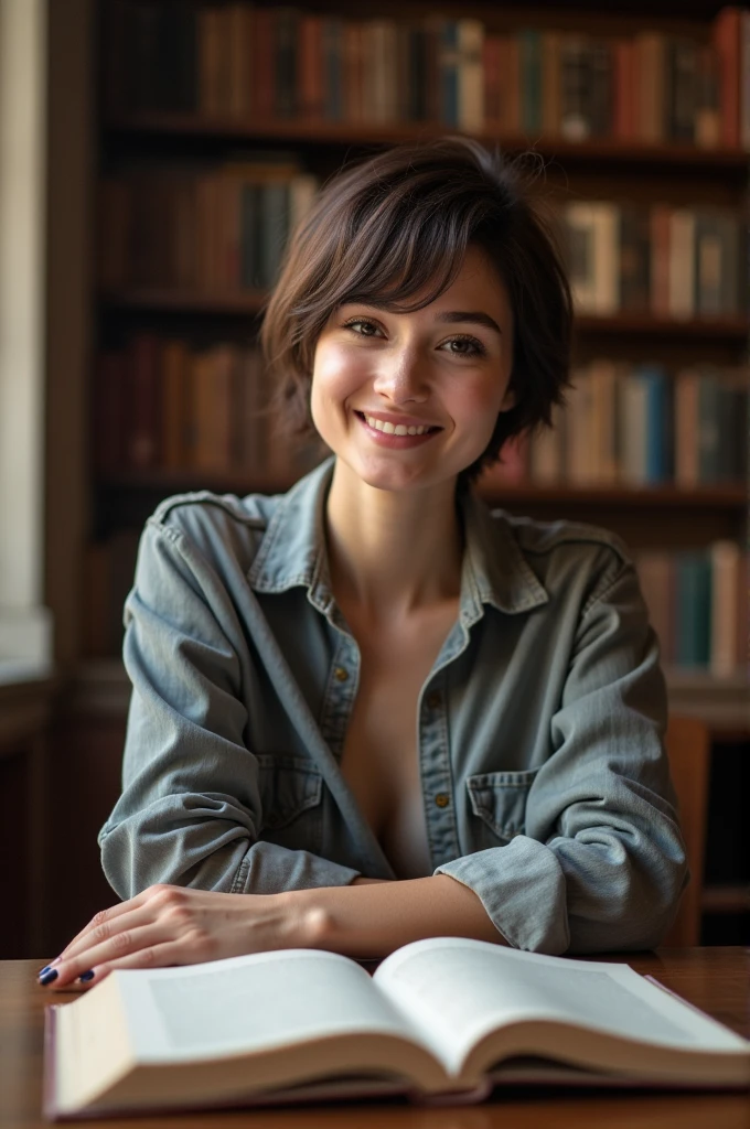 High quality, High resolution, Best composition, One French woman, Historic library, Sitting at a table, Looking straight ahead and smiling, Young beautiful woman, Student, Studying, Stunning beauty, Perfect proportions, Short hair, Very detailed eyes, Very detailed eyebrows, Very detailed skin, Very detailed mouth, very detailed nose, fine hair, detailed and realistic skin texture.