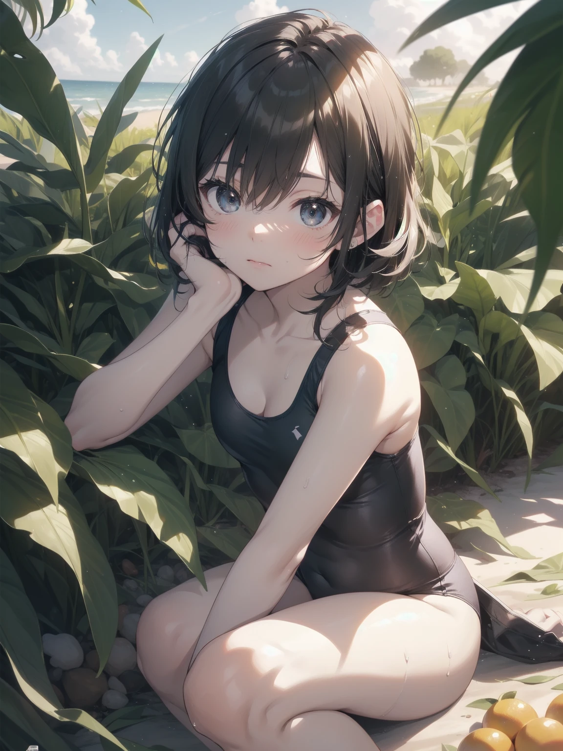 ultra-absurdres-Top quality by artist God, ultra-detailed, high resolution, anime moe artstyle, best anime 8k konachan wallpaper, pixiv contest winner, JAV cover, perfect anatomy,break, 1girl, (Please draw a girl sitting sleepily on beach. )break,(Solo,little female,tomboy, 9-year-old:1.3),Full limbs, complete fingers,a junior high school student, (very short hair), short cut,  Soft flat chest,groin, small butt, small black eyes, beautiful detailed eyes, well-proportioned iris and pupils, expressive eyes, highres detailed hair, sweat, wet, soft expression, school swimsuit, one-piece swimsuit, soft thighs,(Detailed Lighting), (Detailed background),in the Sexual beach. break,super detailed skin, shiny skin, Best sexuall lighting powered by famous artist, 8k,beauty illustration,photoshop_(medium),very aesthetic,break,((artist:yd_(orange_maru) )), artist:fujiyama, artist:carnelian, artist:kantoku,
