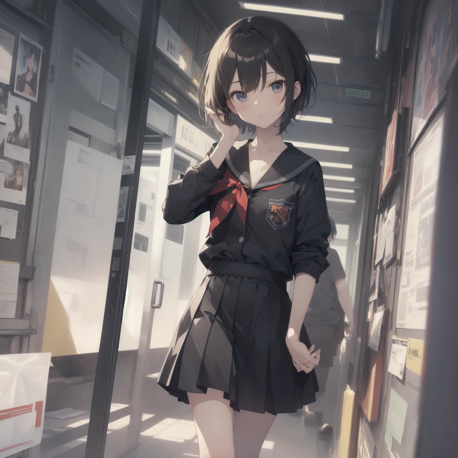 ultra-absurdres-Top quality by artist God, ultra-detailed, high resolution, anime moe artstyle, best anime 8k konachan wallpaper, pixiv contest winner, pool:2810, perfect anatomy,break, 1girl, (Please draw a girl walking sleepily to school alone. )break,(Solo,little female, 13-year-old:1.3),Full limbs, complete fingers,a junior high school student, (very short hair), short cut, flat chest, , small butt, small black eyes, beautiful detailed eyes, well-proportioned iris and pupils, expressive eyes, highres detailed hair, soft expression, salor school_uniform, sailor collar, serahuku, bow, pleated skirt,(Detailed Lighting), (Detailed background), in the School commute route. break,super detailed skin, Best cinematic lighting powered by famous artist, 8k,beauty illustration,photoshop_(medium),very aesthetic,break,((artist:yd_(orange_maru) )), artist:clamp ,artist:carnelian ,artist:kantoku ,