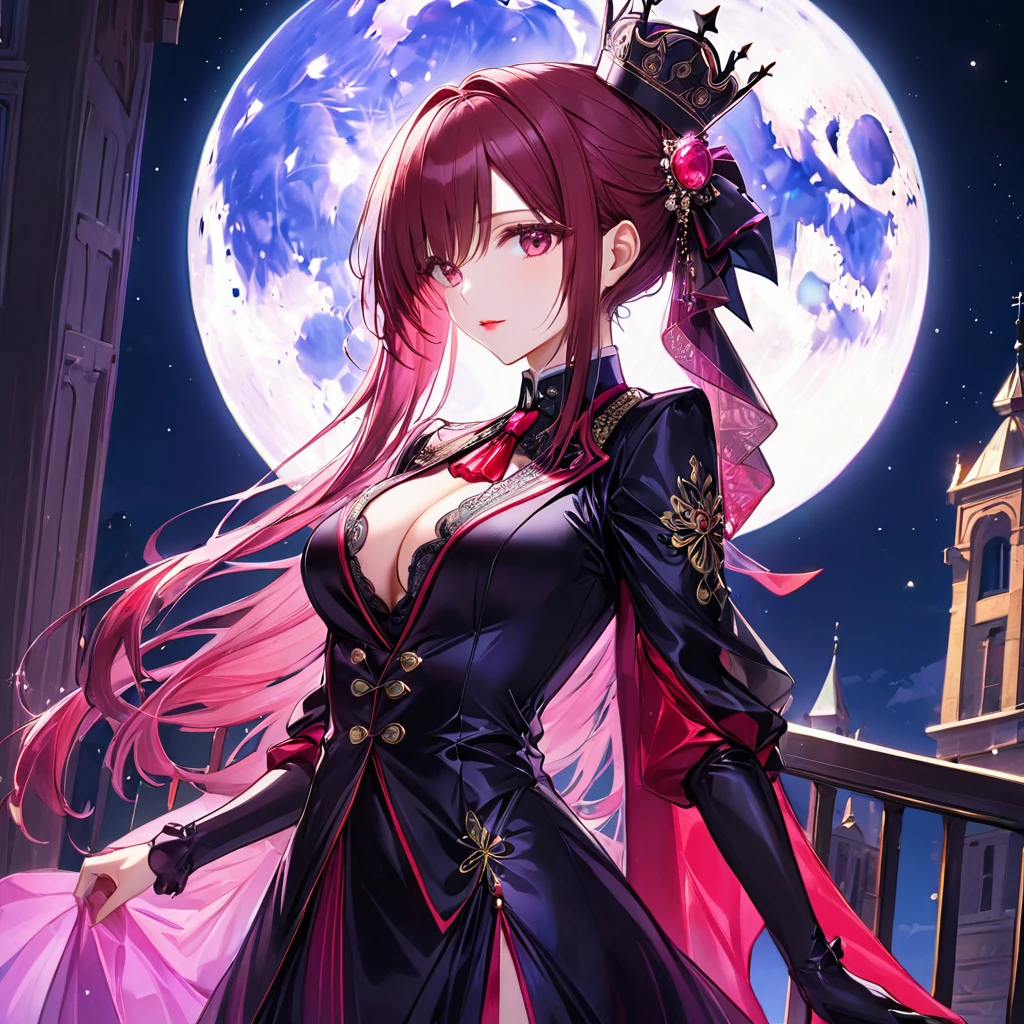 若く美しい女性2name,(Highest quality,Extremely detailed depiction,Incredibly absurd high resolution,Anatomically accurate depiction),(Glowing Skin,Shiny skin),(Woman in suit１name,ドレスを着た女性が1name),(Royal suit,Butler-style outfit,Tight fit),(Noble dress,Royal accessories),eyelash,Pink Eyes,Half-closed eyes 1.3,There is cleavage in the chest,Glossy red lipstick,Shadowed face,blush,whole body,Standing posture,background:Full moon night:1.5,Big full moon,The two are embracing each other and looking at each other:1.5,Castle balcony
