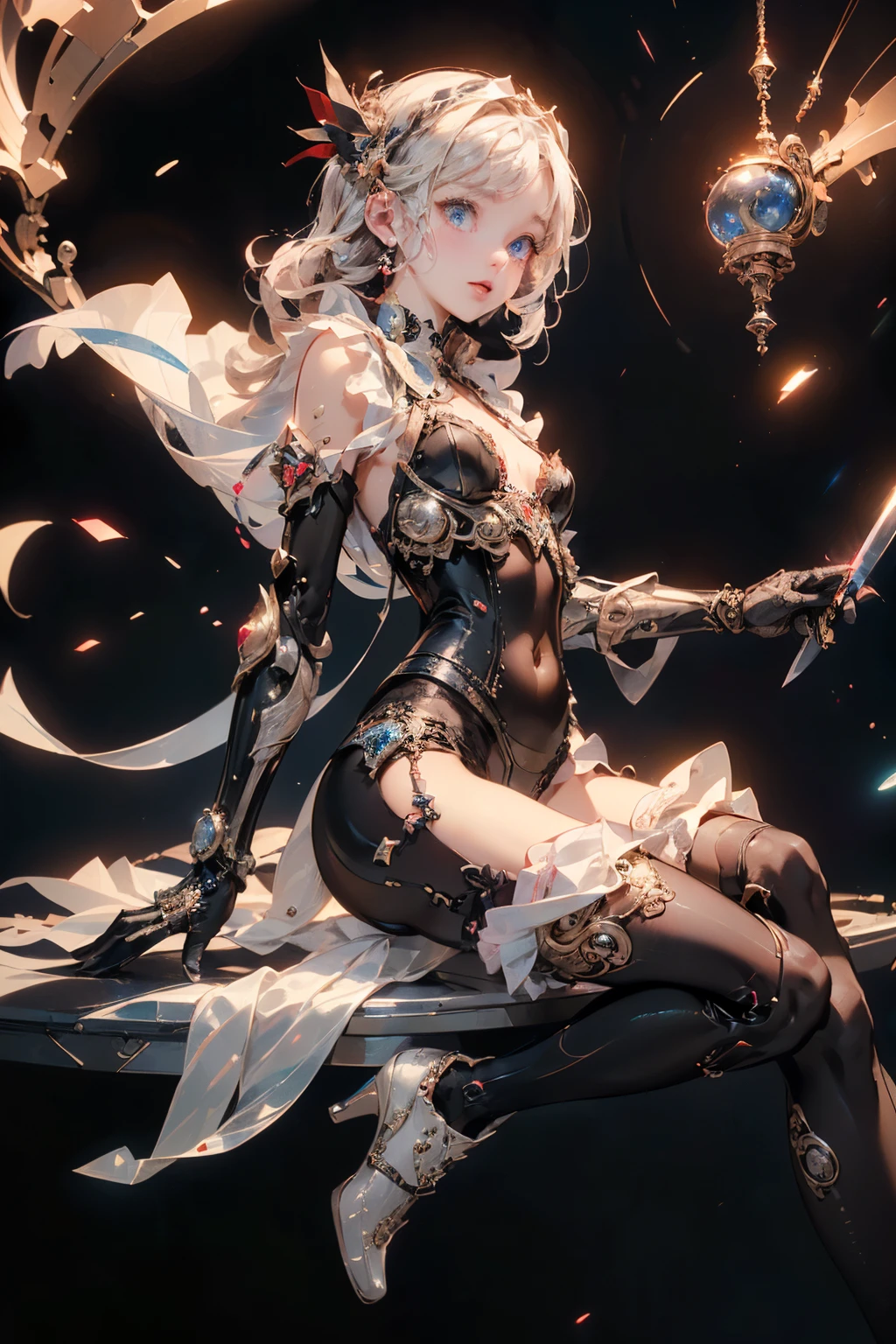 (((masterpiece, of the highest quality, super detailed))), (a female knight of an occult order), (an occult saint), (combat pose), (resolved expression), (resolute expression), (((holding a sword with a digital glitch-like blade as though it is rapidly flickering in and out of reality))) (((with a very slight warping effect around the blade similar to gravitational lensing))), Edwardian/Victorian era inspired, ((minimal but intricate beautiful armour)), Fluttering lace flared dress with frilly petticoats, ((((Highly detailed face))), (((Very sharp focused eyes))), very long eyelashes, small breasts, (((flat chest:1.1))), occult aesthetic, (red and white clothing detailed and intricate steampunk and detailed gothic), (with a hood), complex lace boots