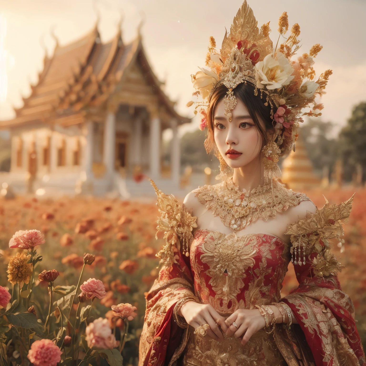 candid photography of a beautiful Asian woman wearing a red and gold traditional dress with a golden headpiece and jewelry, standing in a field of flowers with a temple in the background, ornate, intricate, and highly detailed, in the style of Thai artist Chalermchai Kositpipat, soft lighting, warm colors, and a slightly blurred background, UHD 32K