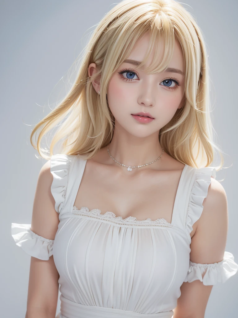 (((amount、Perm、curl、White blonde Hair、Northern Europe、White、beautiful girl、blonde、White Background、cute、young、blouse、True Face、Shiny Hair)))、Tabletop, Highest quality, shape, Very detailed, finely, High resolution, 8k wallpaper, Perfect dynamic composition, finelyて美しい目, Deco Out,blonde, Medium Hair, Big Breasts, Natural color lip,White Background, random cute poses,Frill dress