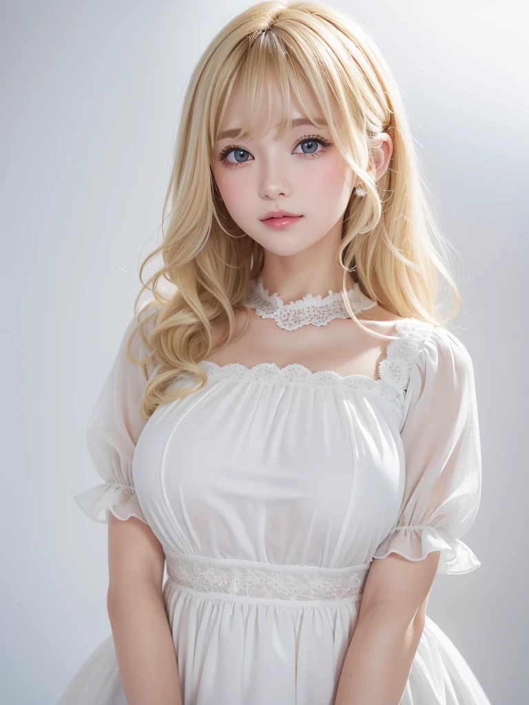 (((amount、Perm、curl、White blonde Hair、Northern Europe、White、beautiful girl、blonde、White Background、cute、young、blouse、True Face、Shiny Hair)))、Tabletop, Highest quality, shape, Very detailed, finely, High resolution, 8k wallpaper, Perfect dynamic composition, finelyて美しい目, Deco Out,blonde, Medium Hair, Big Breasts, Natural color lip,White Background, random cute poses,Frill dress