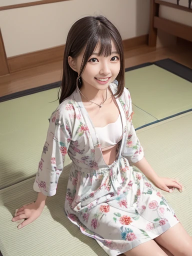 Japanese female, (underweight), (flat chest best quality:1.5), (cheerful grin:1.5),
landscape photo, sitting on the floor, semi long, (dress), (floral print cloth), (white Clothes), Japanese, full body shot, from below, monochrome