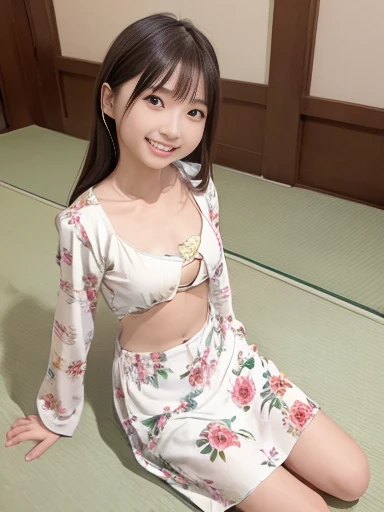 Japanese female, (underweight), (flat chest best quality:1.5), (cheerful grin:1.5),
landscape photo, sitting on the floor, semi long, (dress), (floral print cloth), (white Clothes), Japanese, full body shot, from below, monochrome