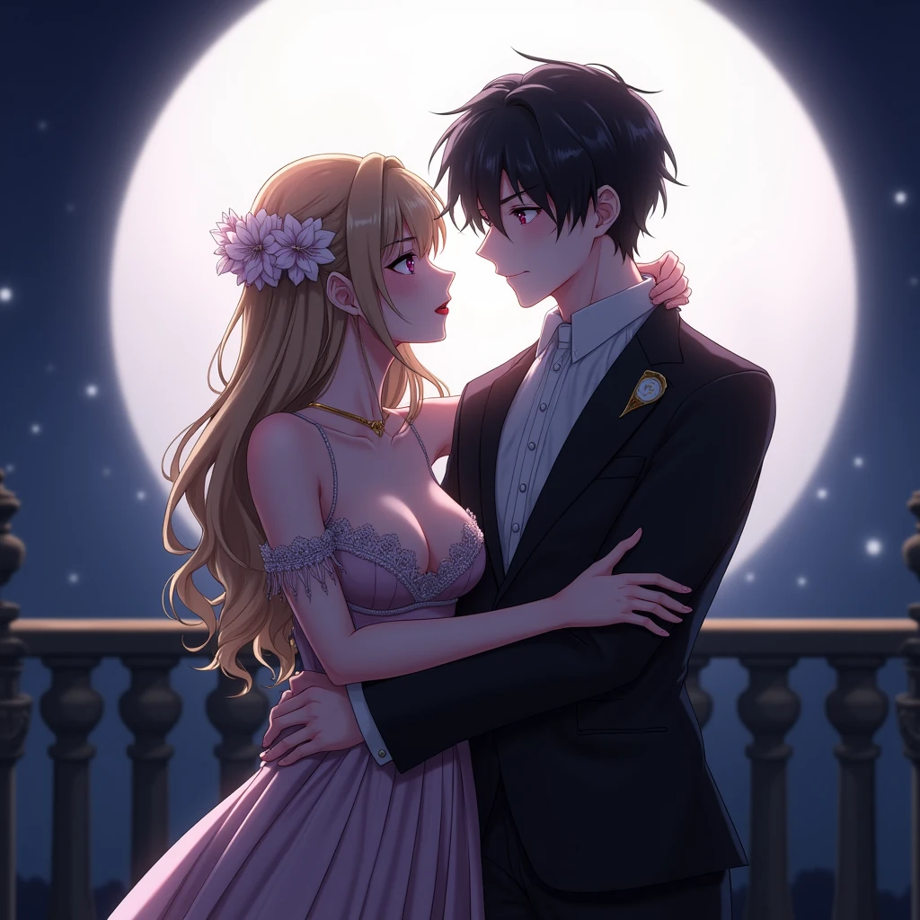 若く美しい女性2name,(Highest quality,Extremely detailed depiction,Incredibly absurd high resolution,Anatomically accurate depiction),(Glowing Skin,Shiny skin),(Woman in suit１name,ドレスを着た女性が1name),(Royal suit,Butler-style outfit,Tight fit),(Noble dress,Royal accessories),eyelash,Pink Eyes,Half-closed eyes 1.3,There is cleavage in the chest,Glossy red lipstick,Shadowed face,whole body,Standing posture,background:Full moon night:1.5,Big full moon,The two are embracing each other and looking at each other:1.5,Castle balcony
