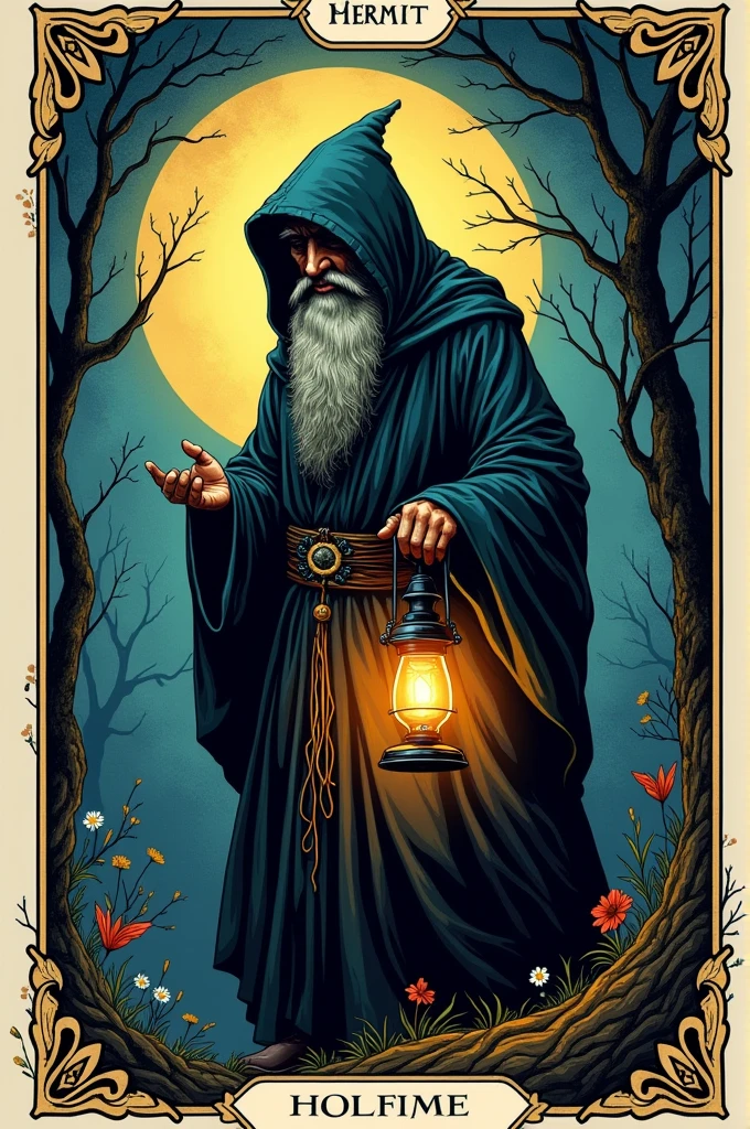 tarot cards:hermit:Elderly man with a lantern:Robe with hood:put on a hood,An illustration,((hermit)),Impressive,Adobe An Illustrator,draw with thick lines,rich colors,mysterious,,masterpiece,best masterpiece,Light and shadow,draw carefully,calm colors,fantasy,(dark fantasy),rendering,,zentangle elements,focus,emphasize,Tarot cards style white frame,retro