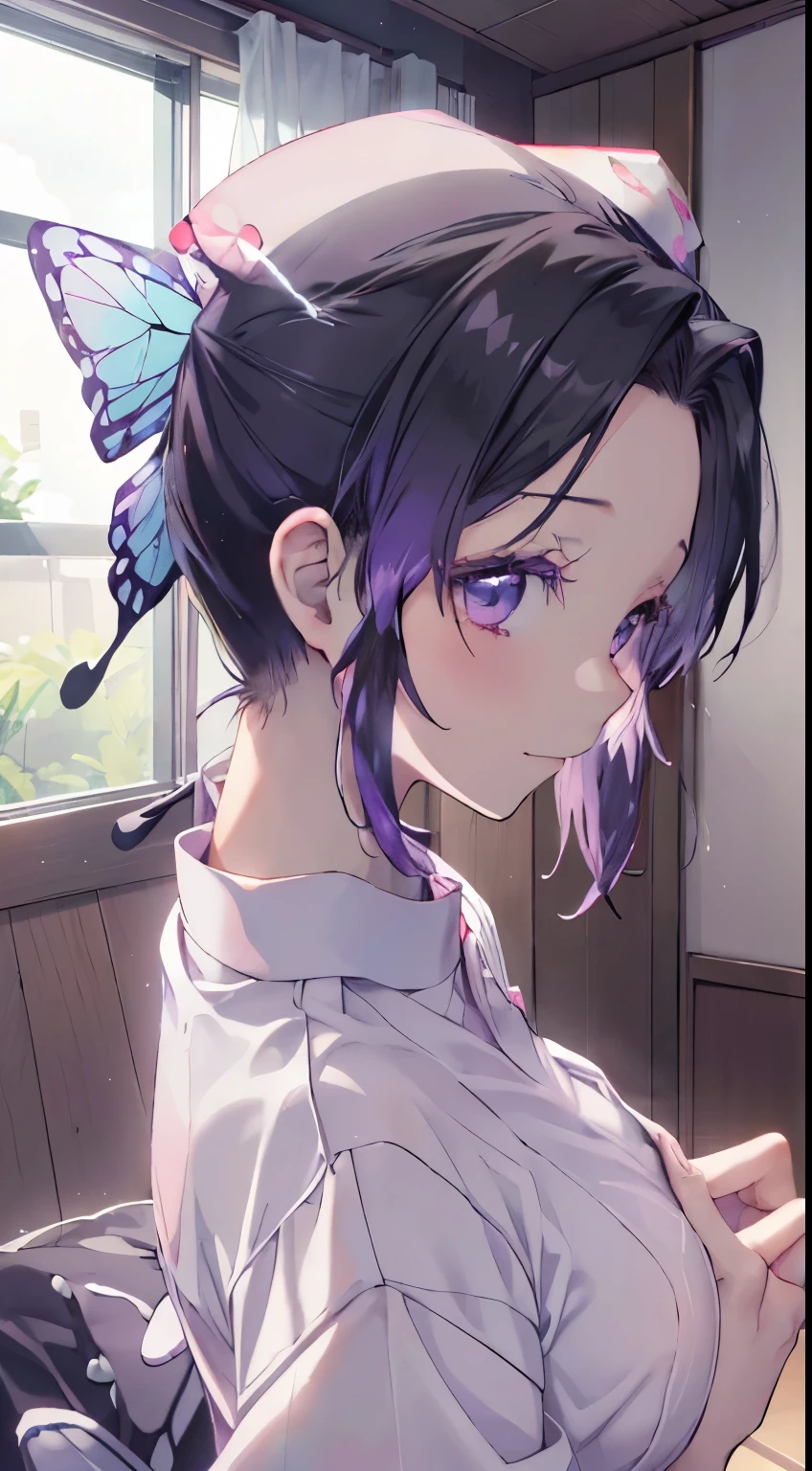 nsfw, demon slayer,_kochou shinobu,(((((nurse uniform))))), ((((White nurse uniform)))), One-piece, (((((nurse))))), hospital, Ultra-realistic 8K CG,masterpiece,, ((Highly detailed background,Delicate pattern,Intricate details, Fine and beautiful eyes)),The best quality in the best condition,とてもとてもとても詳細なface, Highly detailed eyesとface,Highly detailed eyes,kochou shinobu,Multicolored Hair,No bangs,Hair Intake,, Purple eyes,,butterfly,band,(熱band庭園:1.2),Purple Flower,mostly cloudy null,Tyndall effect,slope_null,face,beautiful null,,Seductive posture,(Medium chest:1.3), woman,15 years old