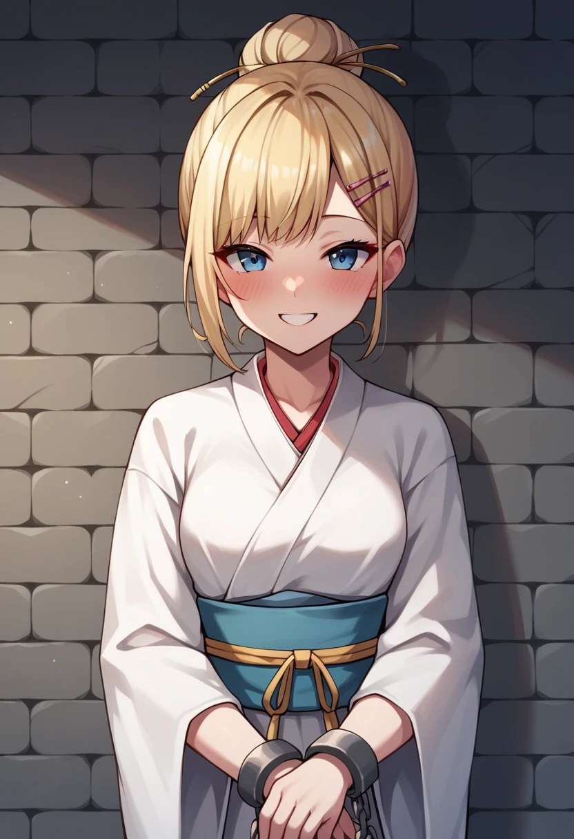 score_9, score_8_up, score_7_up, score_6_up, score_5_up, score_4_up, source_anime, 1girl,lora:jean1-000009:1>, jeanseabreeze, upper body, smile, blush, blonde hair, hair bun, blue eyes, hairpins, w-w-chain, shackles, raise arms, kimono, dungeon, best quality, best res, 4K UHD,
 