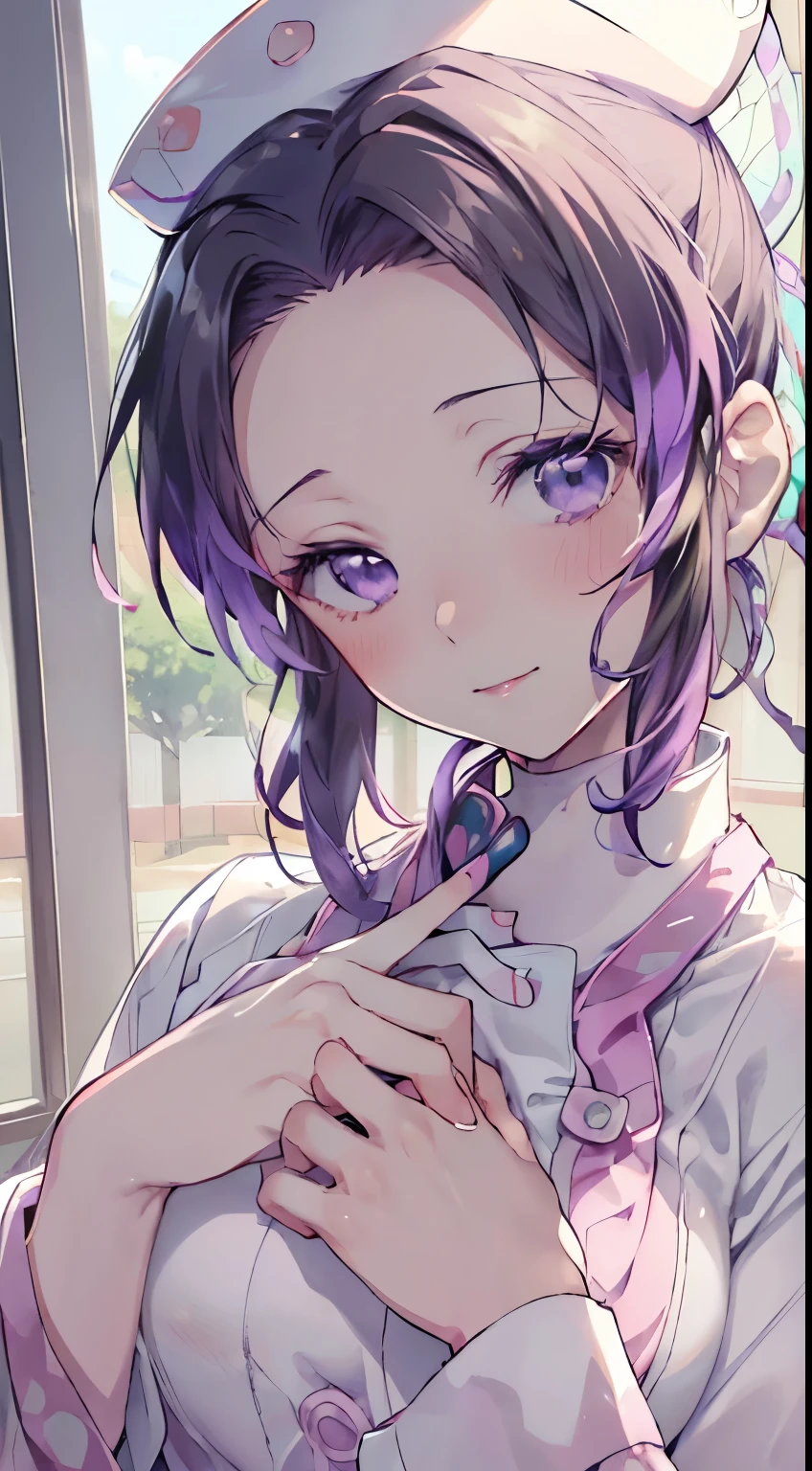 nsfw, demon slayer,_kochou shinobu,(((((nurse uniform))))), ((((White nurse uniform)))), One-piece, (((((nurse))))), hospital, Ultra-realistic 8K CG，masterpiece,, （（Highly detailed background，Delicate pattern，Intricate details, Fine and beautiful eyes）），The best quality in the best condition，とてもとてもとても詳細なface， Highly detailed eyesとface，Highly detailed eyes，kochou shinobu，Multicolored Hair，No bangs，Hair Intake，, Purple eyes，，butterfly，band，（熱band庭園：1.2），Purple Flower，mostly cloudy null，Tyndall effect，slope_null，face，beautiful null，，Seductive posture，（Medium chest:1.3)， woman,15 years old