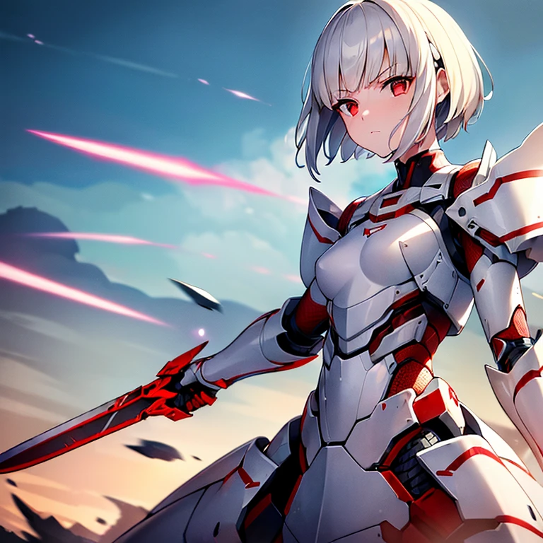 (girl)(white short hair)(red eyes)(Driving exoskeleton armor)(Cool battle scenes)(The blade flickers)(Fierce clash of weapons)(Battle Damage Edition)(Injuried)4K