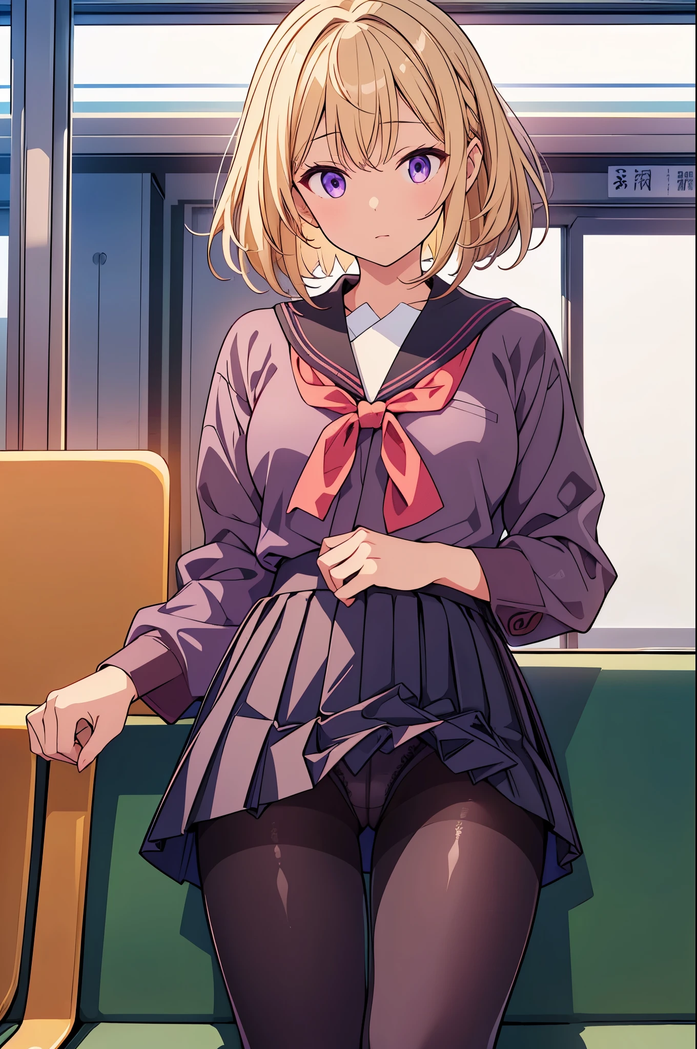 (Tabletop, Highest quality, Very detailed), One Girl, Purple eyes, Blonde, Dark Skin, short hair、Perm Hair、((Japanese School Uniform))、((pantyhose))、(in the train)、(pread your legs、Black panties