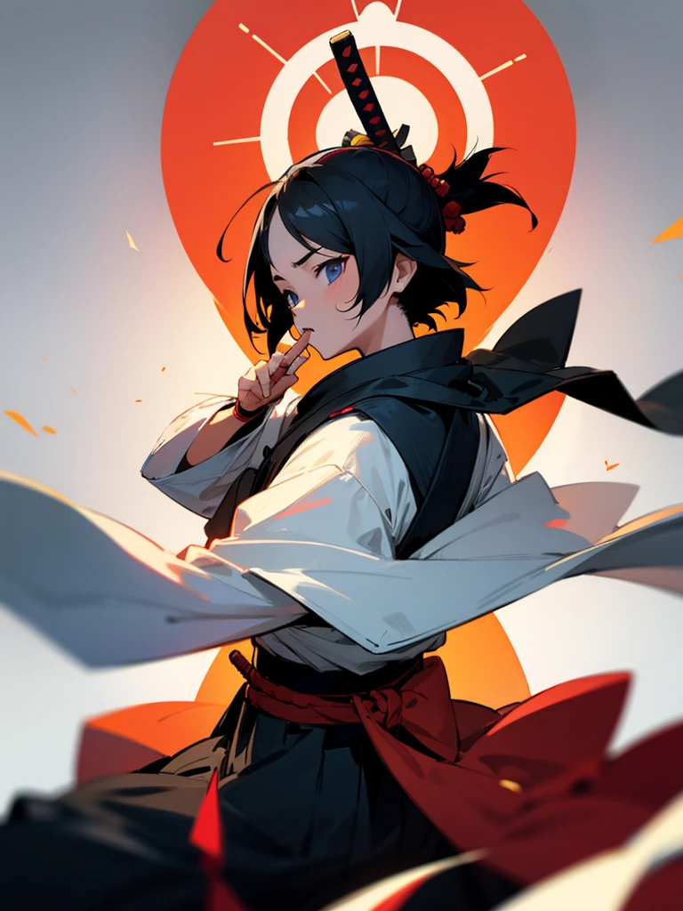 Center Parting、juvenile、Samurai's Son、High resolution, smile, Face up black hair, Purple Eyes、Round eyebrows、boy