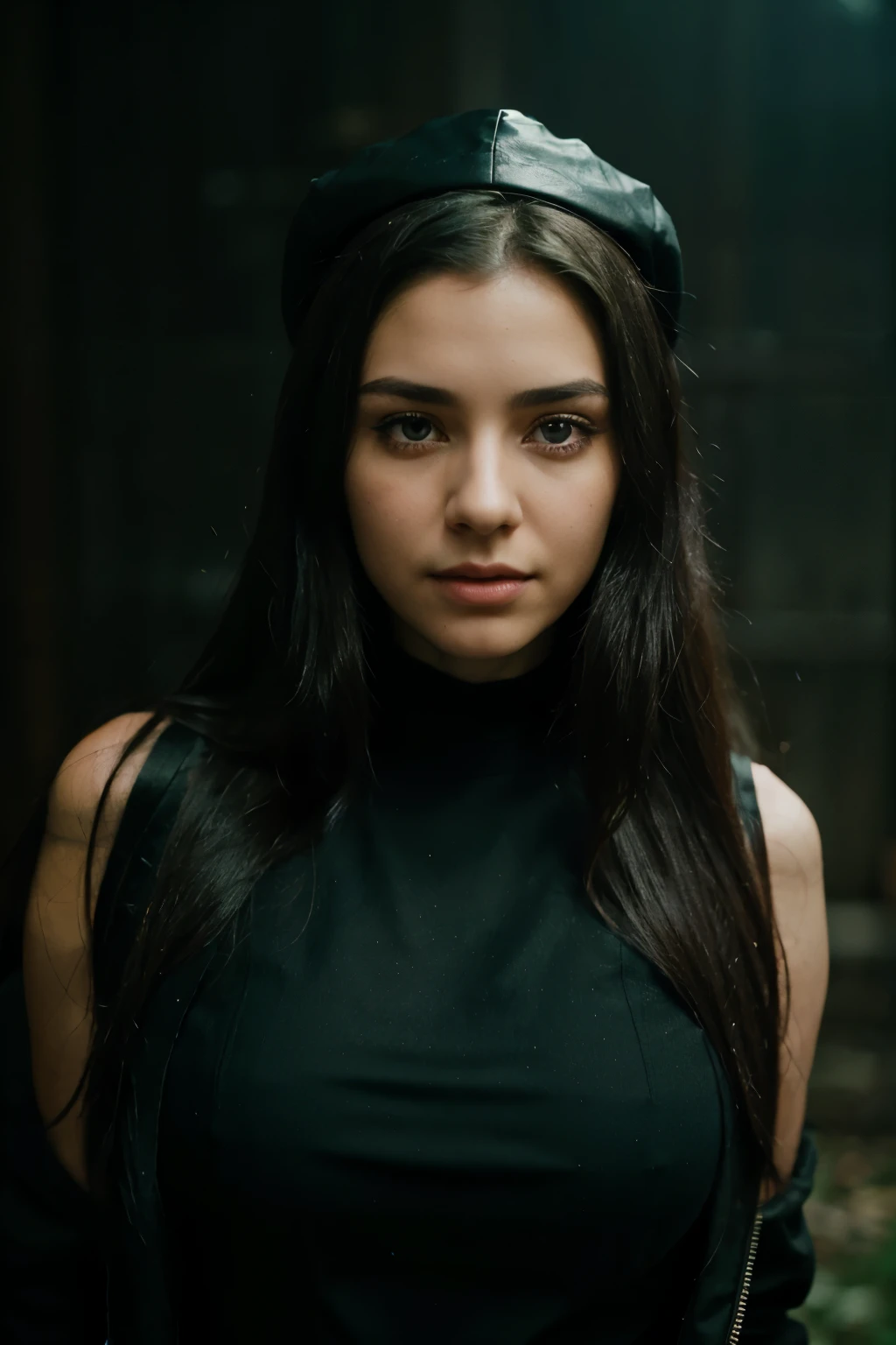 photo of a beautiful young woman (sympathetic expression on his face), ultra textured leather, goosebumps, black hair long wavy hair, face looking straight into the camera, full face, dressed in a dark purple witch outfit with a cap on her head, the background behind her is solid green , group profile,, perfect lips and eyes,((hard lighting: 1,4)), color Velvia 100, shot on Cinestill 800 T bokeh, sharp focus on the subject photographed by Manuela Marques