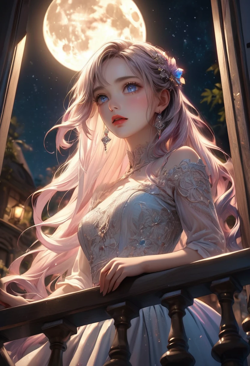 a romantic balcony scene at night, Romeo kneeling before Juliet, two lovers confessing their love, romantic shadows intertwined, starlit sky above, full moon shining, whispering secrets under the night,intricate details, beautiful delicate(hair,face,eyes,pupils,longeyelash, lips), beautiful detailed cute face and eyes, (best quality,8k,highres,masterpiece:1.2),ultra-detailed,realistic,photorealistic,photo-realistic:1.37,cinematic lighting,dramatic chiaroscuro,lush dramatic colors,elegant Renaissance style,oil painting