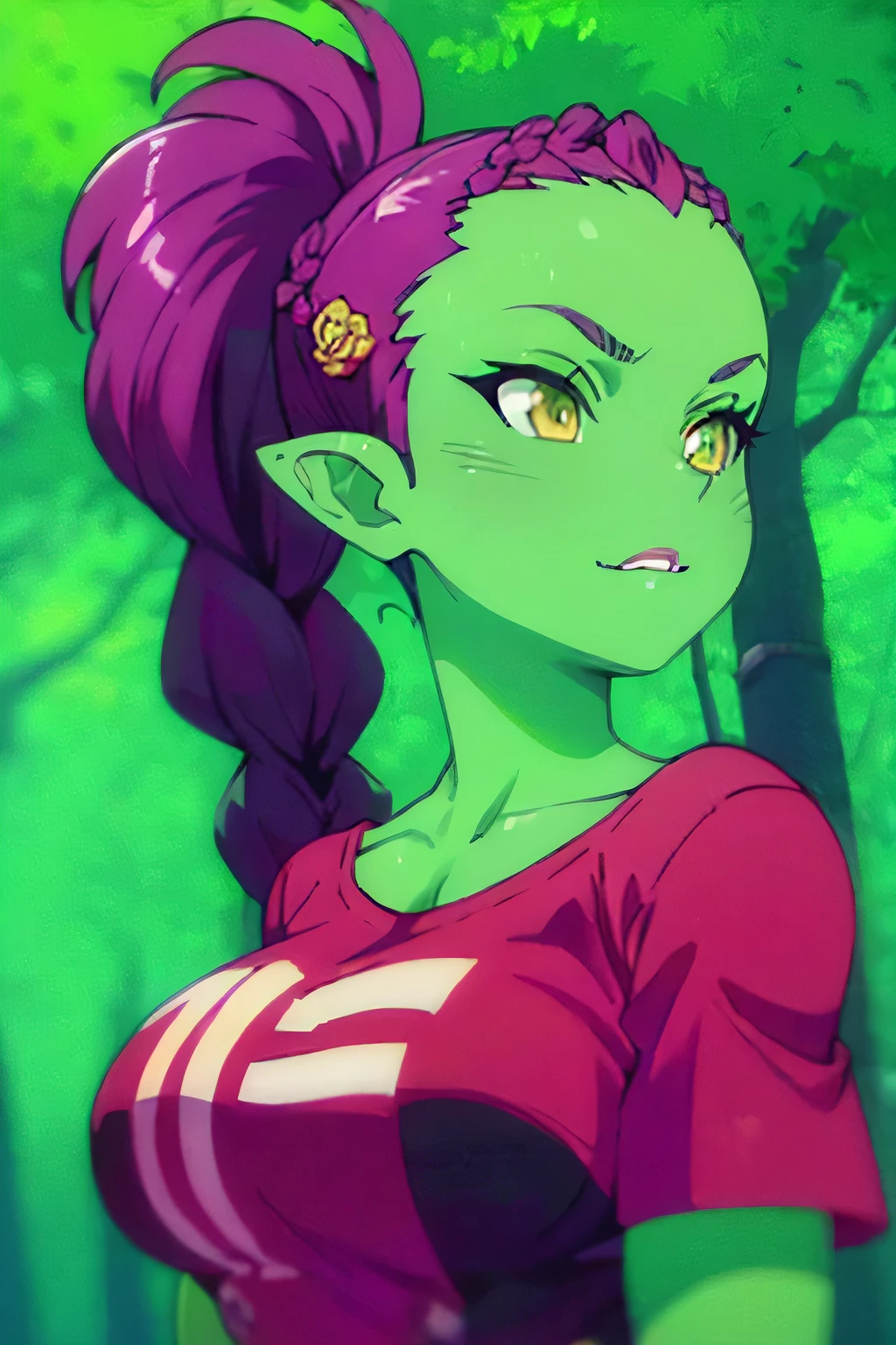 photo of beautiful Orc, RAW, beautiful woman, (portrait), (detailed anime face:1.2), (detailed green skin, dark green makeup, smooth green skin: 1.22), (Long dark braided ponytail: 1.4), (perfect proportioned body, Strong, muscular, narrow waist, narrow hips, skinny, medium breasts), (she wears a cropped t-shirt, pajama pants), (detailed dark Forest, giant trees), (realistic photo, best quality, detailed), (8k wallpaper), (cinematic lighting, beautiful light, (day:1.3)) (sharp focus, intricate)