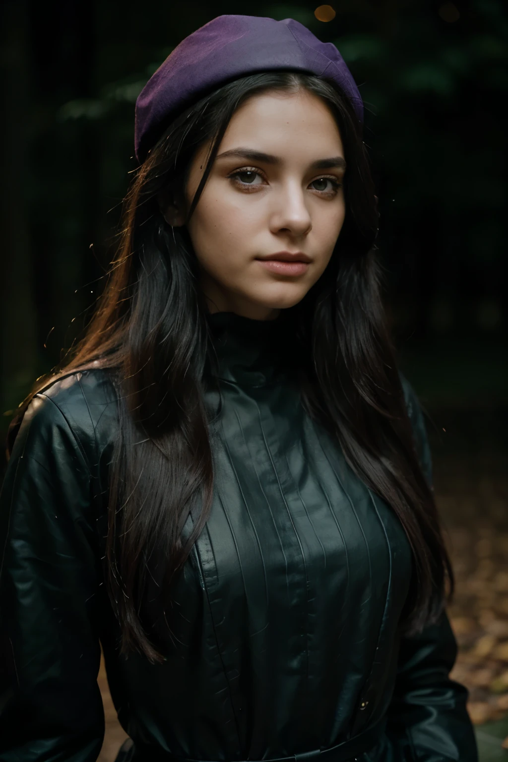 photo of a beautiful young woman (sympathetic expression on his face), ultra textured leather, goosebumps, black hair long wavy hair, face looking straight into the camera, full face, dressed in a dark purple witch outfit with a cap on her head, the background behind her is solid green , group profile,, perfect lips and eyes,((hard lighting: 1,4)), color Velvia 100, shot on Cinestill 800 T bokeh, sharp focus on the subject photographed by Manuela Marques
