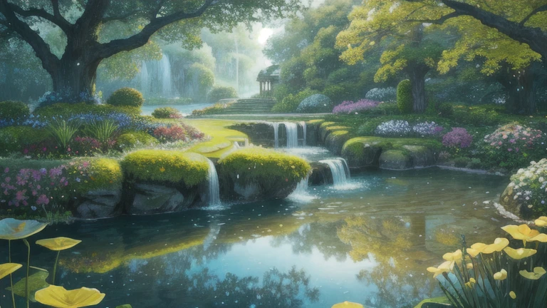 flower園,flower畑,Money, Surreal illustration , Otherworldly, ,Highly detailed and magical lighting, Intricate forest details, Surrounding vegetation and river, Solarpunk ,landscape, , Beautiful foliage with beautiful lighting and realistic proportions, Like a movie background, 8k, Highest quality, masterpiece, 空のcloudと星.baptism,Baptism,Garden of Eden,Colorful,夢のようなlandscape, cloud, light piercing through the cloud, Reflection on the surface of the water, Gentle waterfall,flower々, flower ,Quiet atmosphere, Richness in details, Surreal beauty, Magical Aura, ファンタジーlandscape, High quality digital art, Vibrant colors, Fantastic lighting, Enchanting atmosphere, Artistic Expression, Otherworldly feeling, Beautiful brushwork, Magnificent View, Peaceful tranquility, Immersive Experience, Breathtaking views, Picturesque views, Mysterious charm, Mysterious atmosphere, Nuances, A magical dream. There are no people, Nobody is here