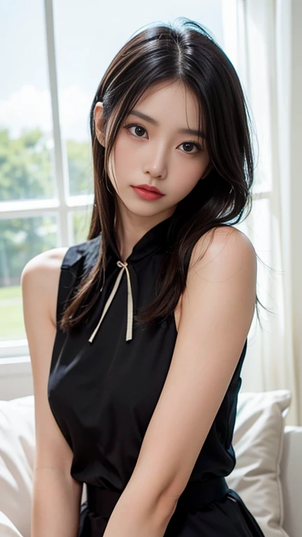 1 girl,alone,chest,Knee socks,chestの谷間,liar,~ ~ side,Looking at the audience,Long Hair,large chest,With my hands on my head,bed,Strap slip,indoor,lips,on bed,Black Hair,dress,Realistic,black dress,black eye,Dutch Angle,Brown Hair,curtain,Window -- Automatic