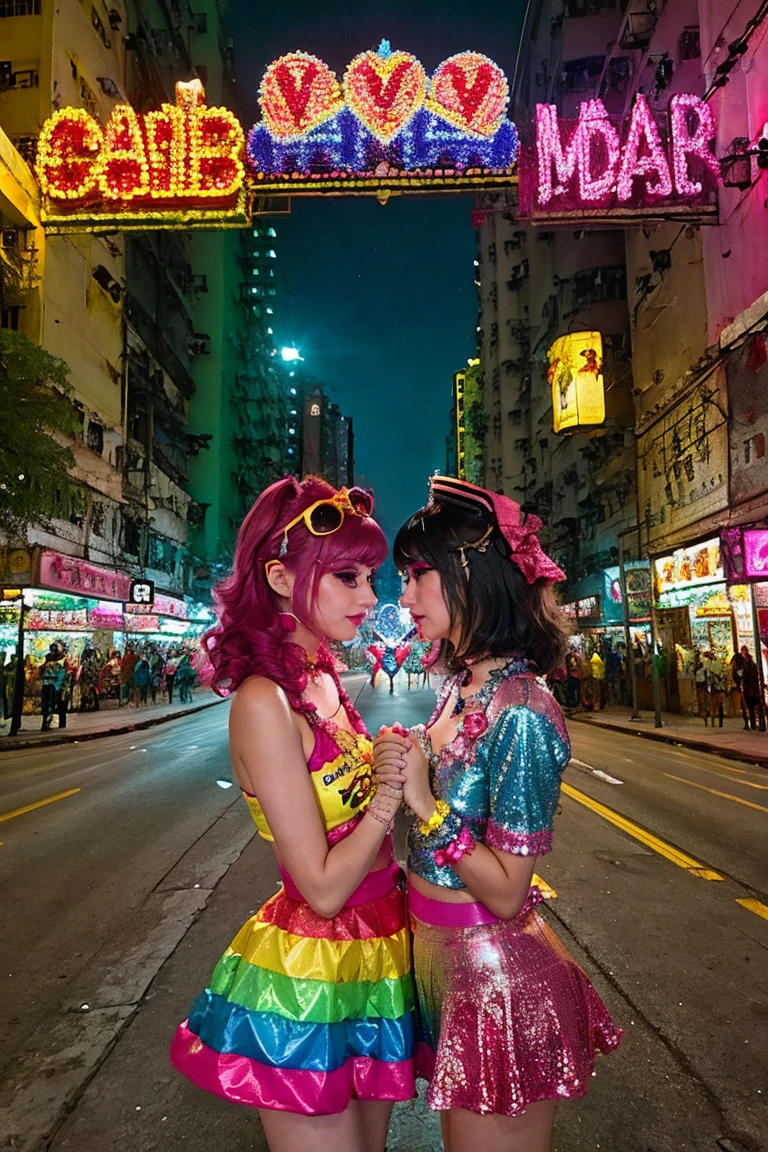 hong kong, night, (giant moon in the sky, gaint moon:1.5, girls lean against the wall, girl holding a girl hands and look each other deeply in heart and whisper, romantic), (Awkward,blush :1.3), y 2 k cutecore crowncore, Lovely Decora Rainbow Core, Lovely high quality rendering, Candy Girl, Deco, Unreal Engine : : Carnival Makeup, Working Girl, raver girl, Glitch Punk Girl, soda themed girl, Lively and cheerful, 80s pin-up style, 