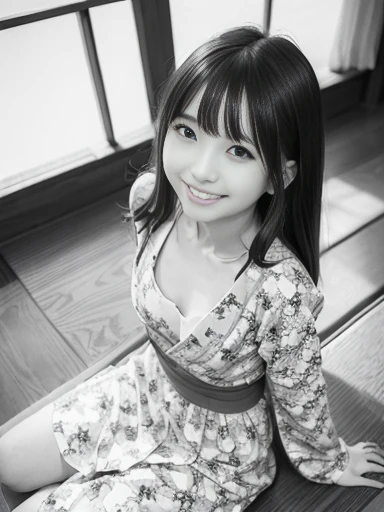 Japanese female, (underweight), (flat chest best quality:1.5), (cheerful grin:1.5),
landscape photo, sitting on the floor, semi long, (dress), (floral print cloth), (white Clothes), Japanese, full body shot, from below, (monochrome:1.4)