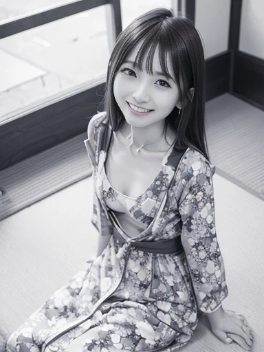 Japanese female, (underweight), (flat chest best quality:1.5), (cheerful grin:1.5),
landscape photo, sitting on the floor, semi long, (dress), (floral print cloth), (white Clothes), Japanese, full body shot, from below, (monochrome:1.4)